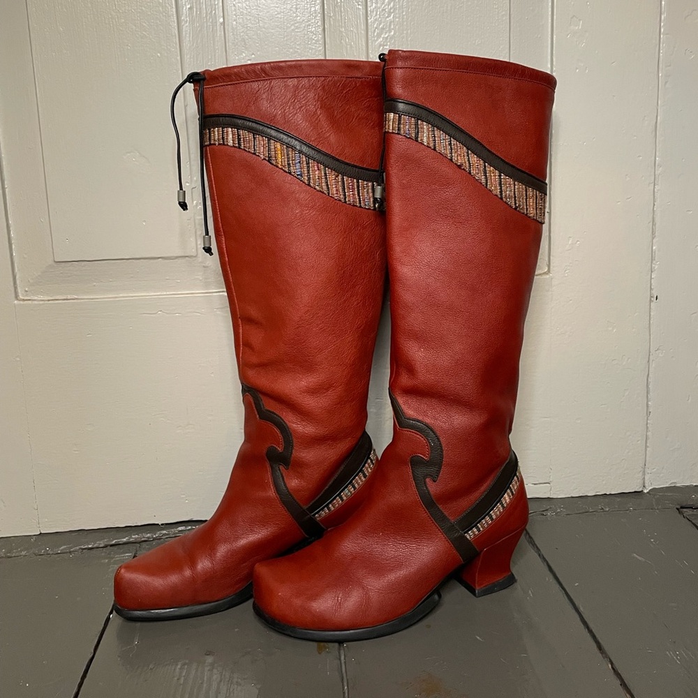 John Fluevog Red Heeled Boots with Striped Detail